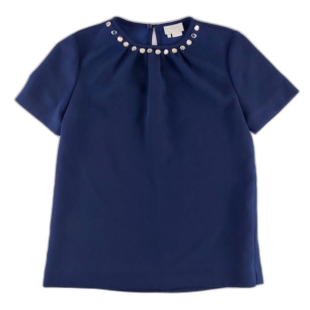 Kate Spade Navy Blue Crepe Blouse Embellished Jeweled Collar Womens Size 2